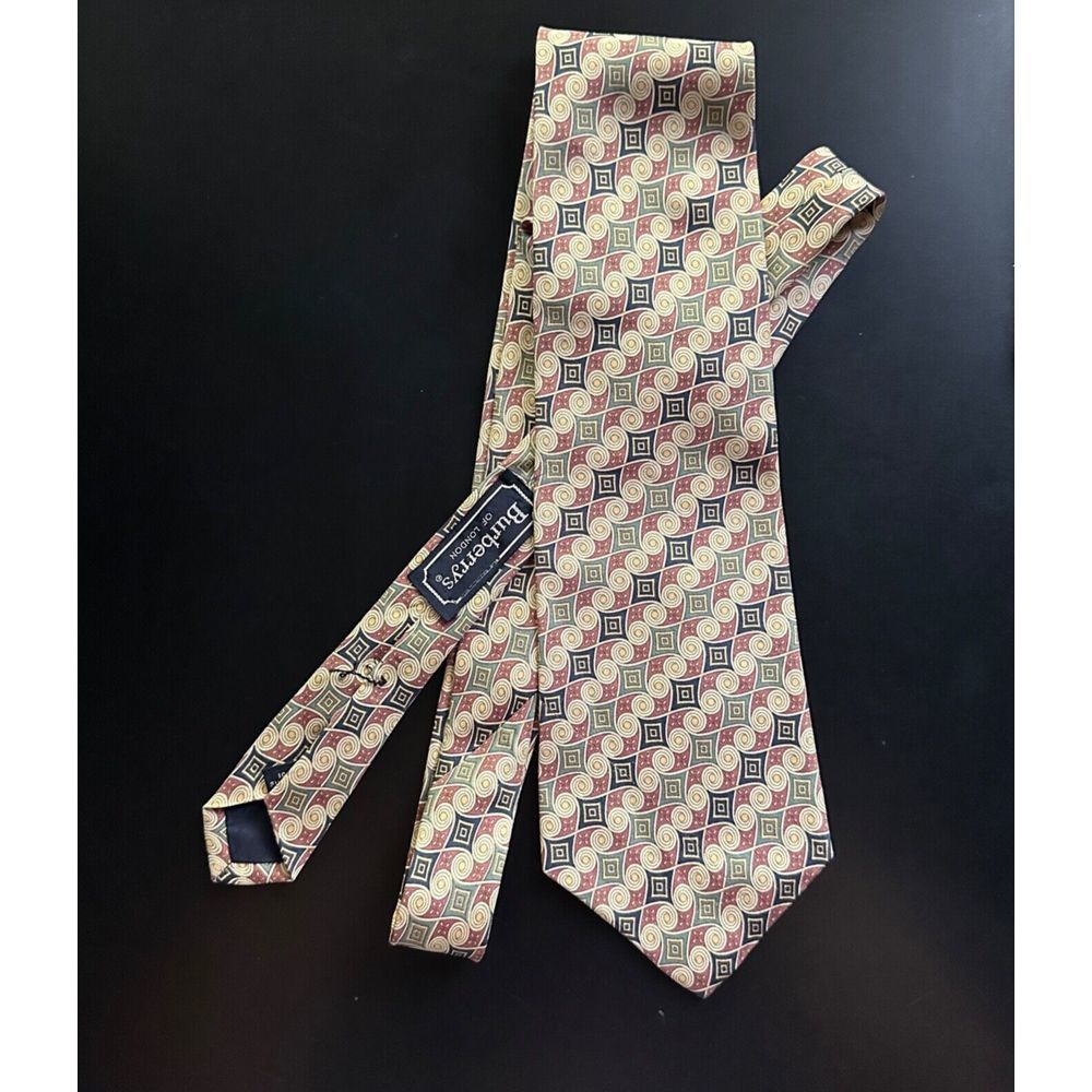 Burberry of London Mens Tie 100% Silk Yellow Red Green Navy Pattern Handmade 60"
